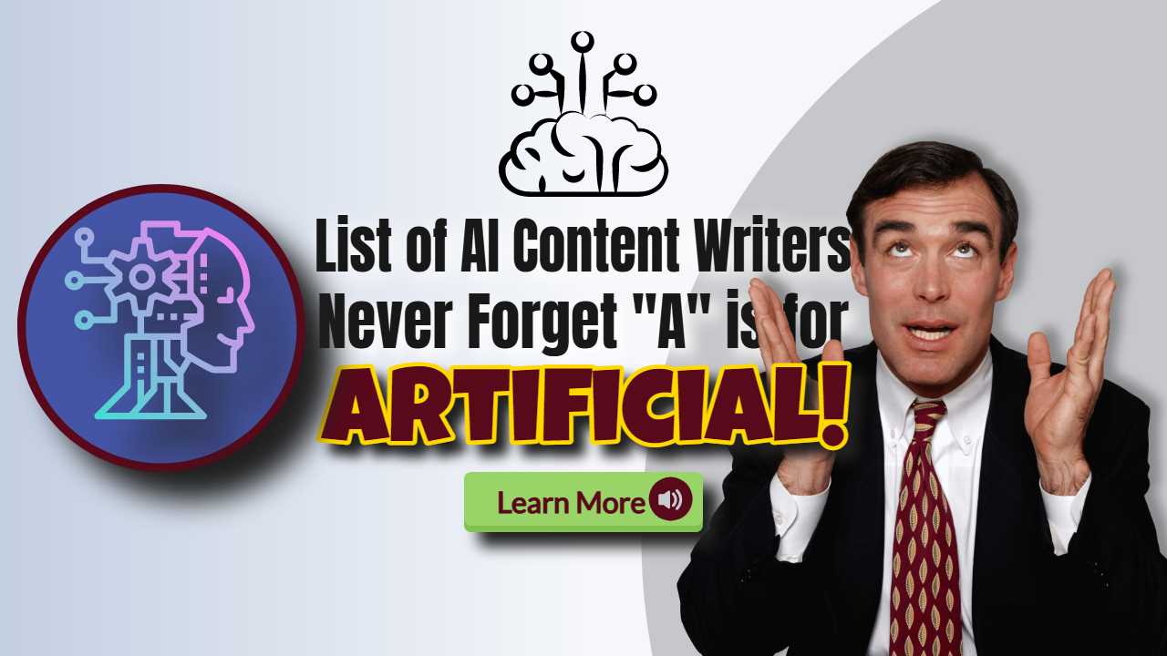 Image text: "List of AI Content Writers Artificial!".