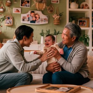 baby being happily held by thegrandparent