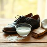 A polished pair of black dress shoes sit on a wooden surface next to a small bowl of soapy water, a brush, and a cloth. Salt is scattered nearby, indicating a shoe cleaning process.