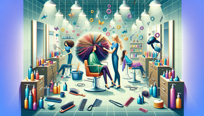 A salon scene with clients receiving deep conditioning and keratin treatments for curly hair, showing revitalized, shiny curls.