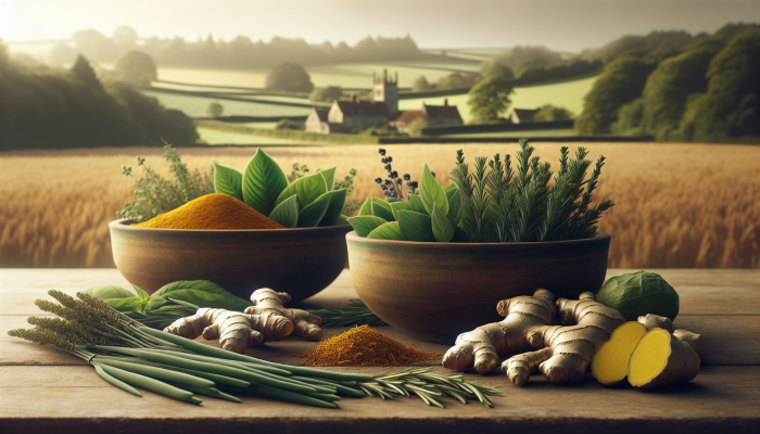 UK-sourced herbs such as turmeric, ginger, and rosemary displayed in rustic bowls against a countryside backdrop.