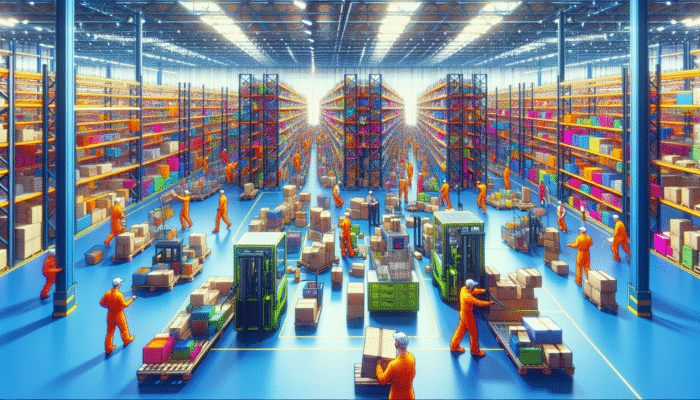 Workers in bright uniforms sorting and disposing of colourful clearance items in a vibrant warehouse utilizing modern, eco-friendly technology.