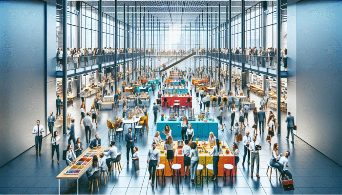 A lively employee sale event in a modern office where staff are browsing discounted high-quality items, boosting morale.