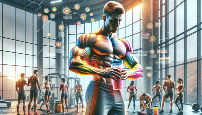 Athletes in a modern gym consuming colorful protein shakes, illustrating muscle growth and recovery after workouts.