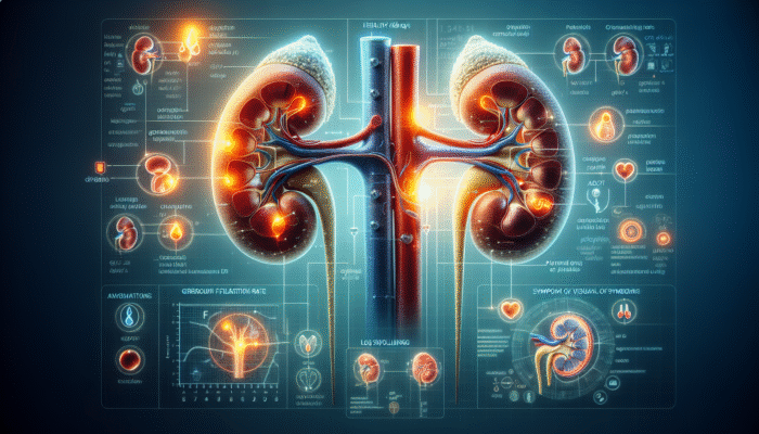 Illustration of kidneys displaying health indicators such as GFR, creatinine, urine protein, and symptoms like fatigue, leg swelling, and changes in urination.