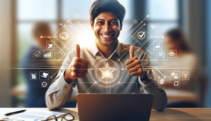 A local business owner engaging with customers online, surrounded by positive feedback and a reputation icon.