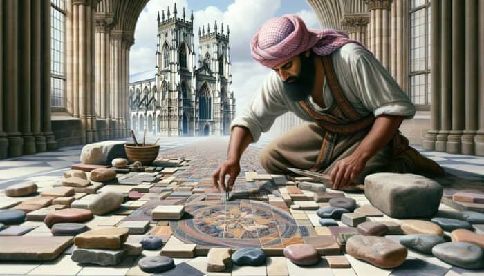 A historic UK stonemason skillfully crafting intricate stone tiles with local Scottish Borders stones, showcasing a variety of colors and textures, set against the iconic backdrop of York Minster, representing a blend of tradition with contemporary curved tiling methods.