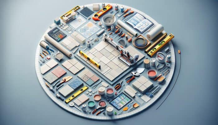 A neatly arranged workspace featuring ceramic tiles, a tile cutter, grout, a trowel, and a level.