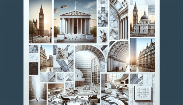 Montage of UK architecture featuring marble: St. Paul's columns, British Museum flooring, modern facades.