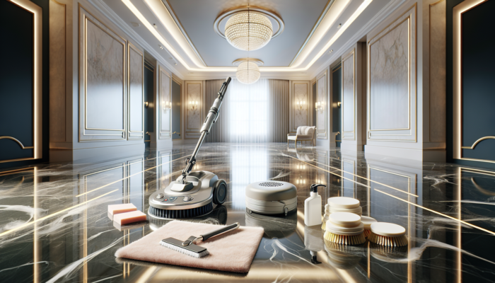 Soft microfiber cloth, non-abrasive pads, and delicate mop cleaning marble floor, accompanied by soft-bristle brush and marble polish machine in an elegant room.