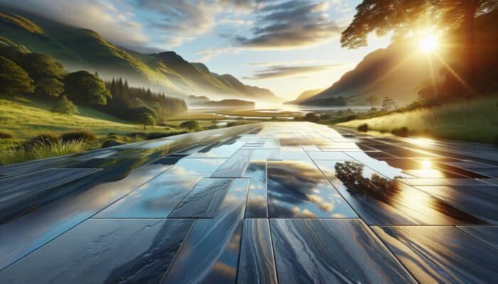 A stunning Inverclyde landscape showcasing a luxurious, waterproofed stone floor that mirrors its vibrant surroundings, illustrating durability and protection.
