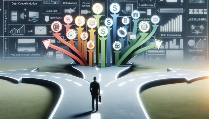 A person at a crossroads with signposts indicating different types of debt consolidation loans and their characteristics.