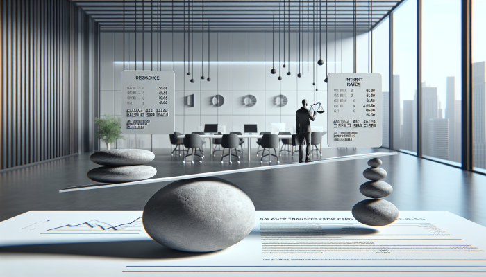 Individual reviewing balance transfer credit card terms in a minimalist office, surrounded by debt consolidation charts.