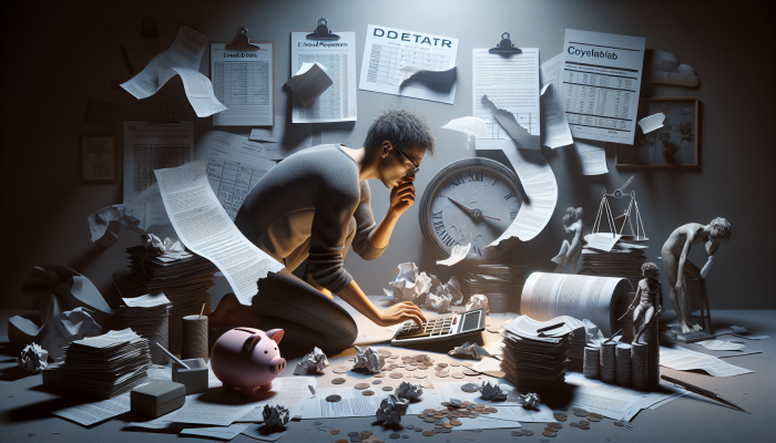 Understanding the Impact of Debt Consolidation on Future Loans: Comprehensive Insights | DCL Person in a dimly lit room, surrounded by financial documents, anxiously calculating extended debt repayment on a calculator, with a calendar showing prolonged dates.