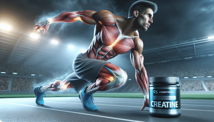 Athlete recovering quickly from muscle strain with creatine, diminishing inflammation and soreness, returning to intense sports training.