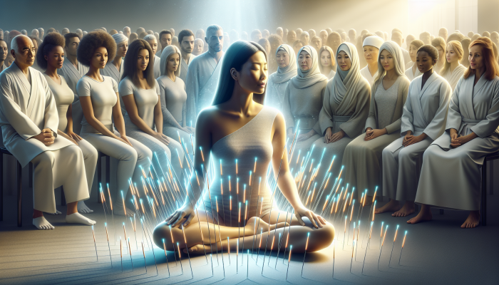 Calm Asian woman undergoing acupuncture, surrounded by illuminated needles, observed by a diverse audience.