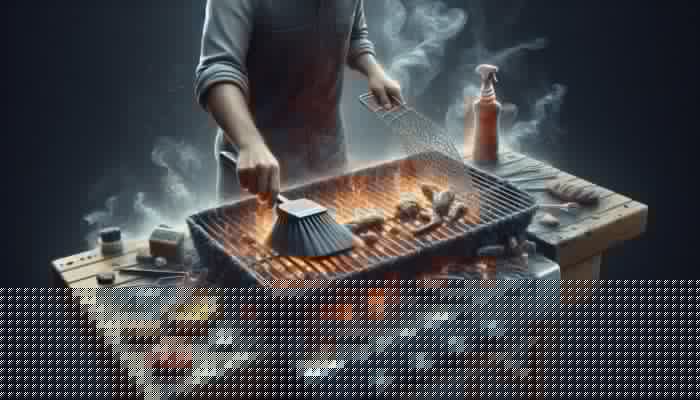 Person cleaning a warm barbecue grill with a brush to remove food and grease, preventing rust.