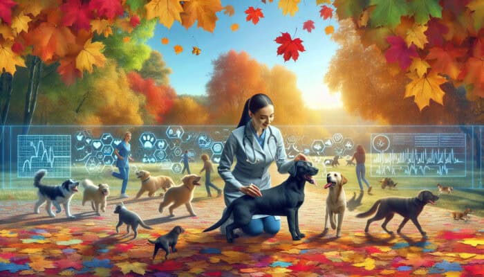 Pets happily playing in autumn leaves with health check and vet icons.