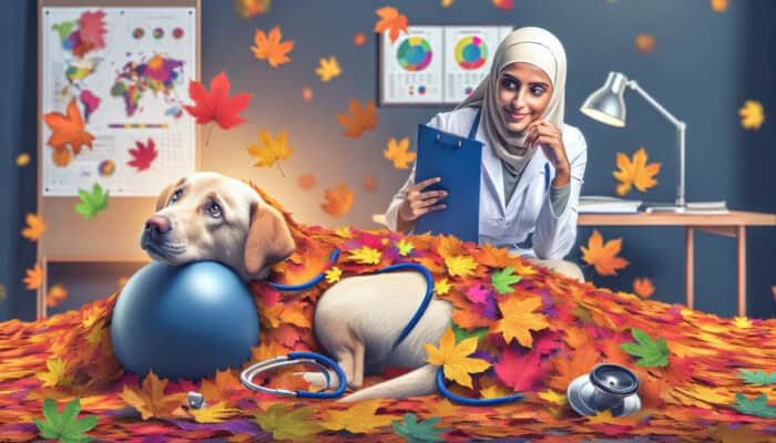 Dog joyfully playing in autumn leaves with a veterinarian in the background, highlighting the need for regular health check-ups.