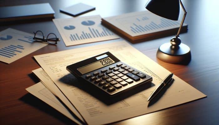 Calculator displaying debt-to-income ratio, surrounded by financial documents on a wooden desk under a lamp.
