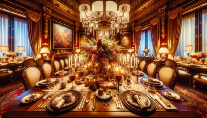 Elegant themed dinner table featuring expertly crafted centerpiece, fine china, and sophisticated lighting in a luxurious dining room.
