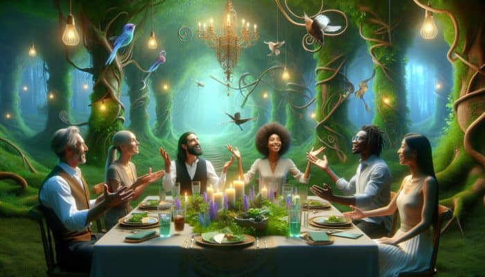 A themed dinner table set in an enchanted forest with guests engaging and enjoying the immersive setting.