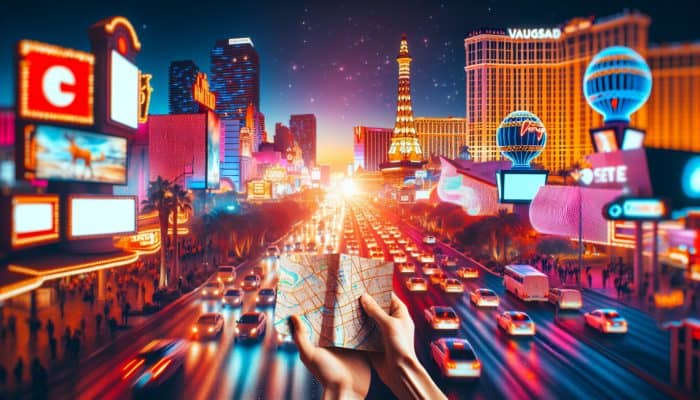Las Vegas Strip at night, travelers using a map to find local gems, avoiding tourist traps.