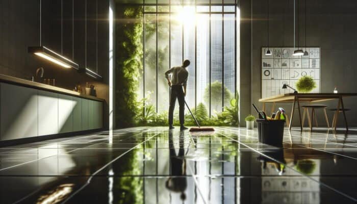 Individual in West Dunbartonshire cleaning slate floors with eco-friendly solutions, with natural light and greenery visible.