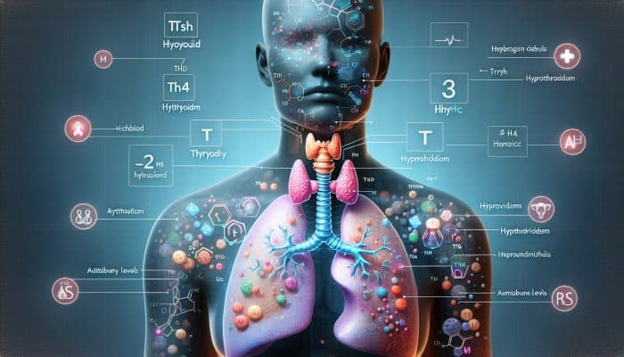 Illustration of thyroid function test results depicting TSH, T4, T3 levels and indicators for hypothyroidism, hyperthyroidism, and autoimmune conditions.