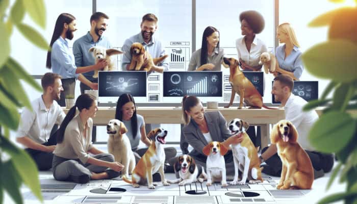 A tranquil office environment with employees and pets, enhancing wellness and joy.
