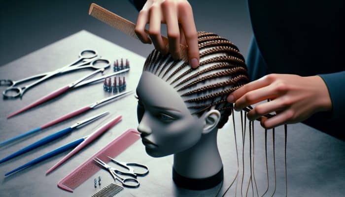 Hands utilizing a rat-tail comb to section hair evenly for micro braids, with a mannequin head displaying neatly tensioned braids and precise cuts.