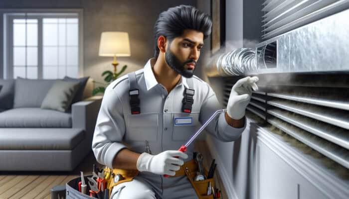 A technician cleaning dusty air ducts with specialized tools in a modern home.