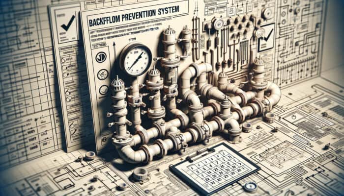 Illustration of a backflow prevention system with annual testing frequency highlighted on a calendar.