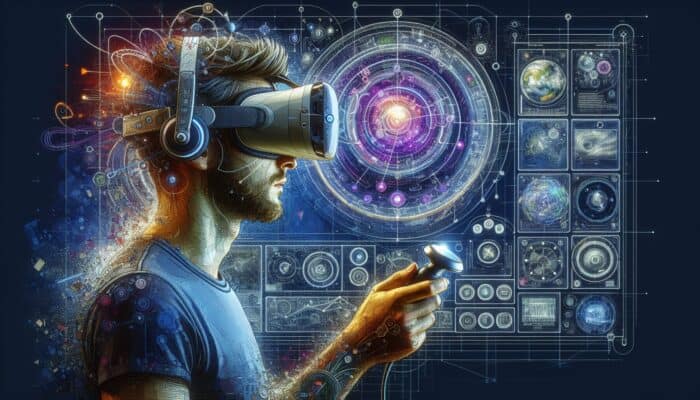 Person in VR goggles crafting engaging 360-degree video experiences with interactive elements.