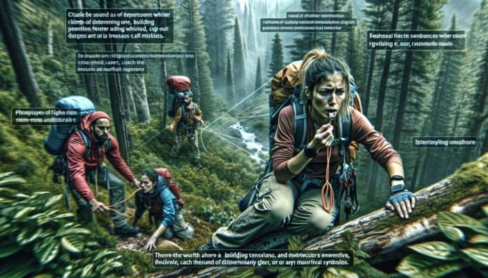 Hiker using a whistle in a dense forest to signal for help, climbers nearby preparing to alert authorities.