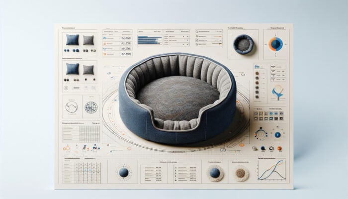 A cozy pet bed made from recycled denim and bamboo, showcasing modern sustainability, softness, and hypoallergenic properties.
