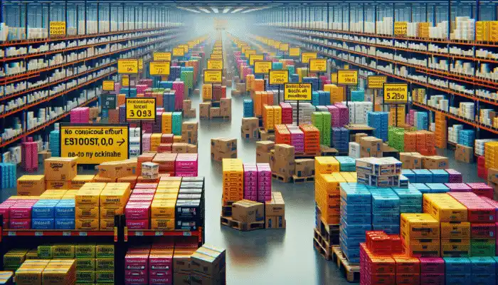 A busy Middlesbrough warehouse filled with stacks of diverse gloves and bulk discount signs.