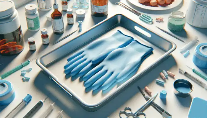 Blue nitrile gloves positioned on a tray alongside chemicals and food, perfect for allergy-sensitive professionals.