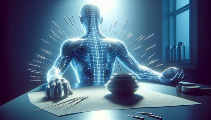 A serene acupuncture session in a UK clinic, needles placed along meridians to reduce nerve pain and inflammation.