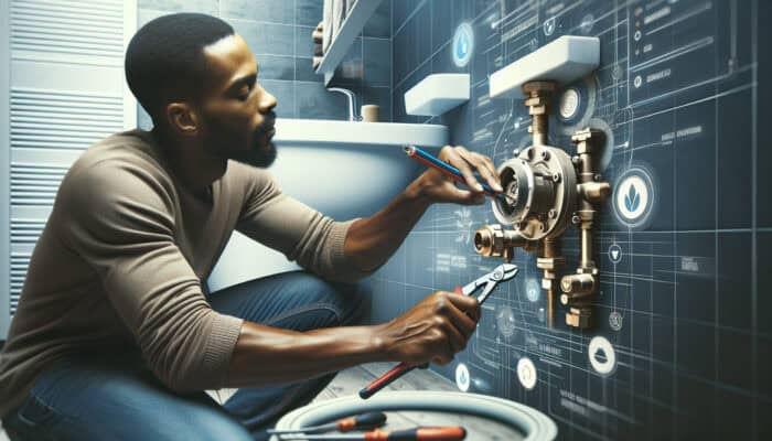 A skilled plumber installing a new water valve in a contemporary bathroom, prioritizing safety and efficiency.