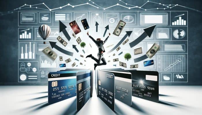 Utilizing Debt Consolidation for Long-Term Benefits: UK Strategies | DCL Individual celebrating an improved credit score with debt consolidation symbols and a rising graph.