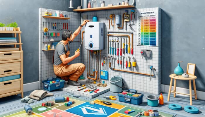 Local expert performing maintenance on a tankless water heater in a utility room, with tools and maintenance schedule visible.