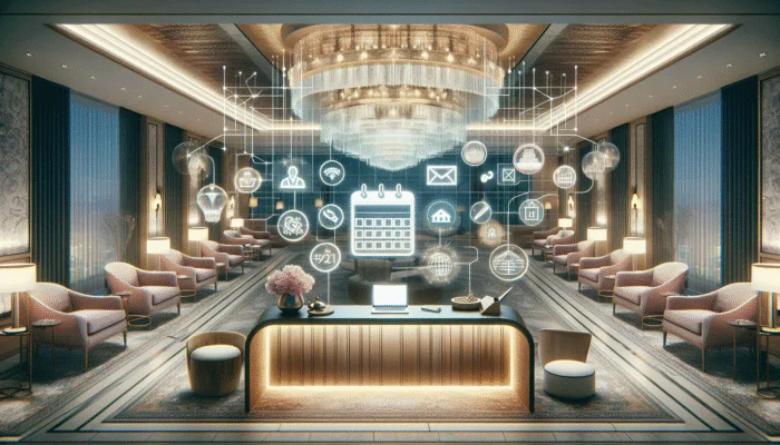 Elegant resort lobby with booking desk, calendar showing off-peak dates, and laptop with exclusive stay promotions.