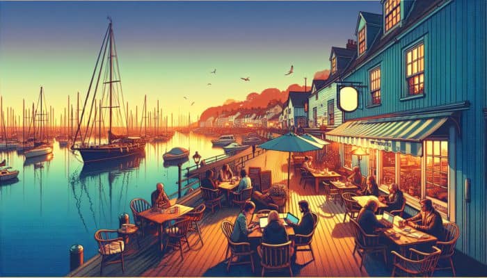 A picturesque Weymouth harbor at sunset, with experts blogging in a cozy café.