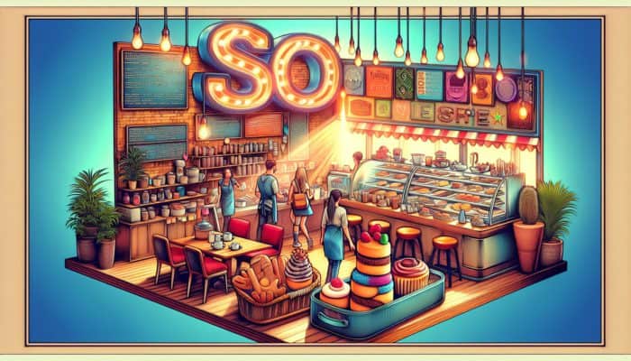 A bustling Weymouth coffee shop with "Best Pastries in Weymouth" sign, locals and tourists, SEO keywords integrated in decor and menu.