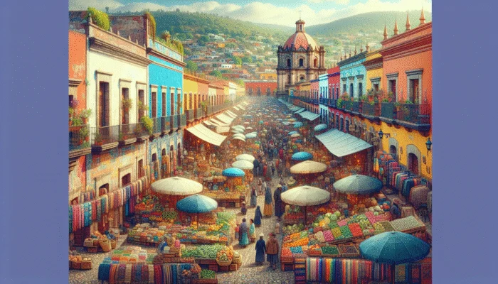 Colorful colonial architecture and bustling markets of San Miguel de Allende with travelers enjoying the local culture.