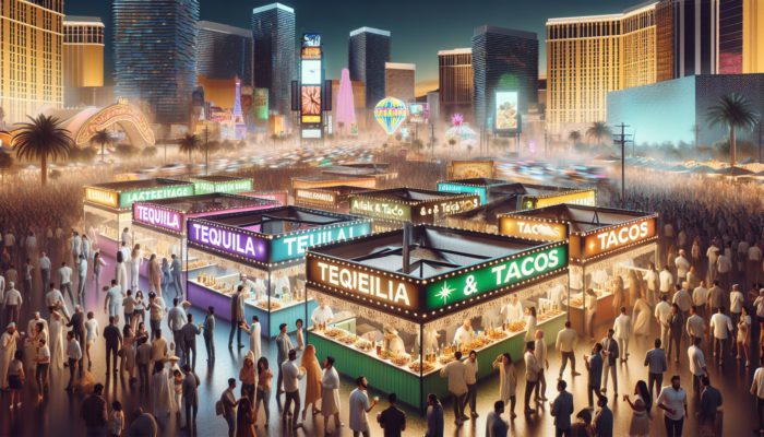 Colorful Tequila & Taco Fest in Las Vegas featuring booths, tequila tasting, and tacos amidst the vibrant nightlife.