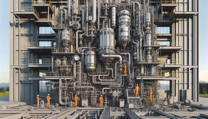 A modern boiler cross-section showcasing pipes and valves, with technicians servicing in an industrial setting in Ladner, Delta.
