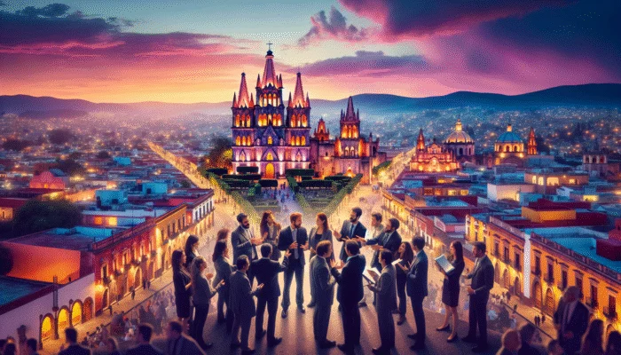 Aerial view of San Miguel de Allende at sunset, highlighting vibrant cathedrals, cobblestone streets, and colonial architecture, with experts discussing.