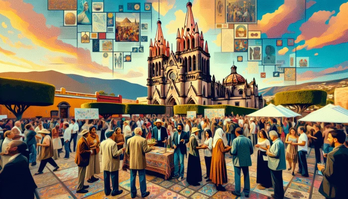 A vibrant San Miguel de Allende cathedral hosting an art exhibition with local artists and visitors interacting.
